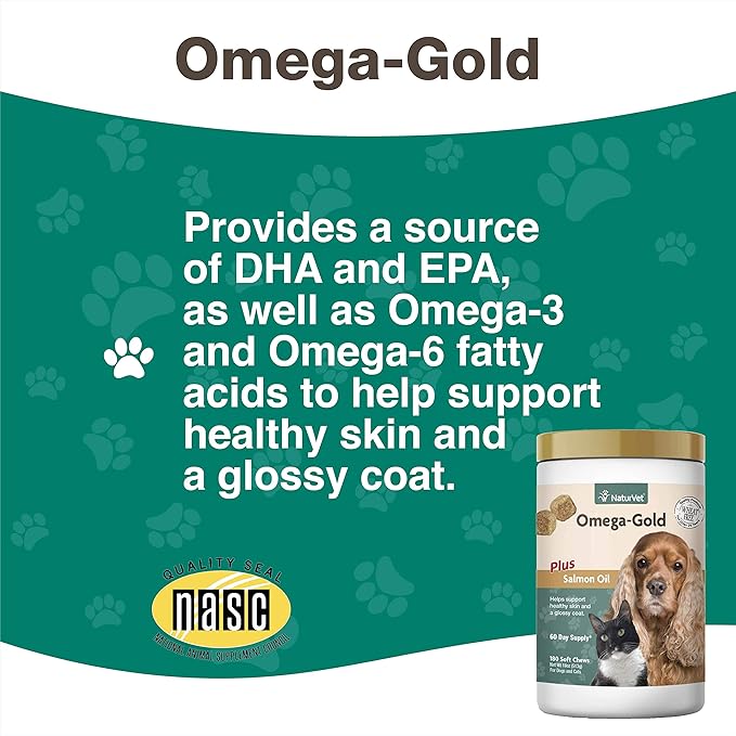 NaturVet – Omega-Gold Plus Salmon Oil | Supports Healthy Skin & Glossy Coat | Enhanced with DHA, EPA, Omega-3 & Omega-6 | for Dogs & Cats | 180 Soft Chews