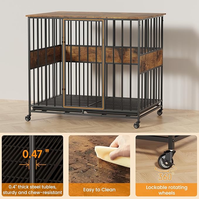 Dog Crate Furniture for Large Dogs, 42 Inch Indoor Large Kennel, Wooden Pet Cage Decorative Corner End Table with Caster Wheels & Double Removable Tray, Rustic Brown