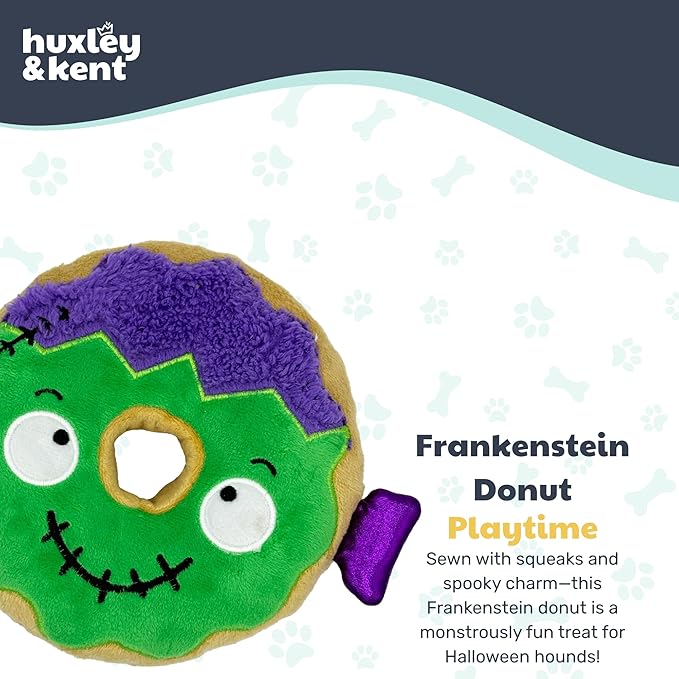 Huxley & Kent Halloween Funny Dog Toy w/Squeaker – Power Plush Squeaky Dog Toys for Small, Medium & Large Dogs – Soft Stuffed Animal for Indoor Play & Fetch - Frankenstein Donut, One Size