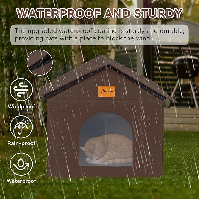 Outdoor Cat House for Shelter Feral Cat, Outside Waterproof Cat House for Outdoor/Indoor Cats, Insulated Cat Bed for All Seasons with Cozy Cushion (Brown, Large Zip Style)