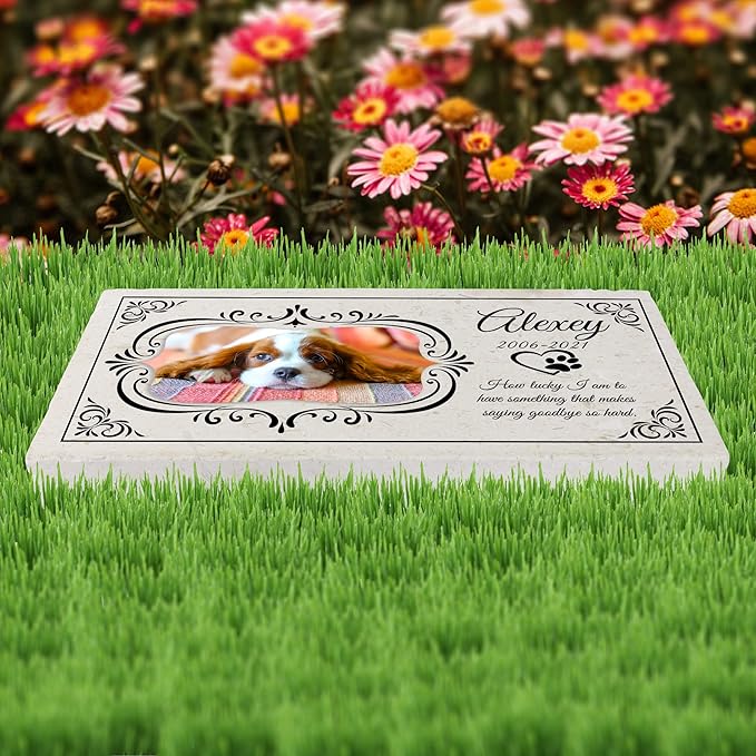 Personalized Pet Memorial with Keepsake Photo on Limestone - Headstones, Garden Stones, and Grave Markers for Dogs - Dog Memorial Stone, Pet Memorial Gifts - 12”x 6”x1.25" C (A. Alexey Design)