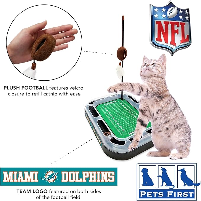 Cat Football Field NFL MIAMI DOLPHINS FOOTBALL FIELD CAT SCRATCHER TOY with CATNIP Filled Plush FOOTBALL Toy & Feather Cat Toy hanging, with Jingle Bell INTERACTIVE BALL Cat Chasing 5-in-1 KITTY Toy