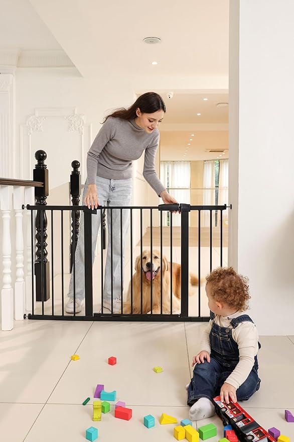 29"-57" Baby and Pet Safety Gate, 30" Tall Metal Walk-Thru Gate for Doorways & Stairs, Easy One-Hand Open, Dual Lock, Extensions & Wall Mounts Included (Brown, 29"-54" W x 30.5“H)