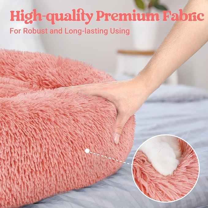 rabbitgoo Dog Bed for Small Dogs, 24 inches Washable Small Dog Bed, Fluffy Donut Dog Bed Anti-Slip, Calming Soft Plush Round Pet Bed for Dogs, Fits up to 18 lbs Pets, Pink