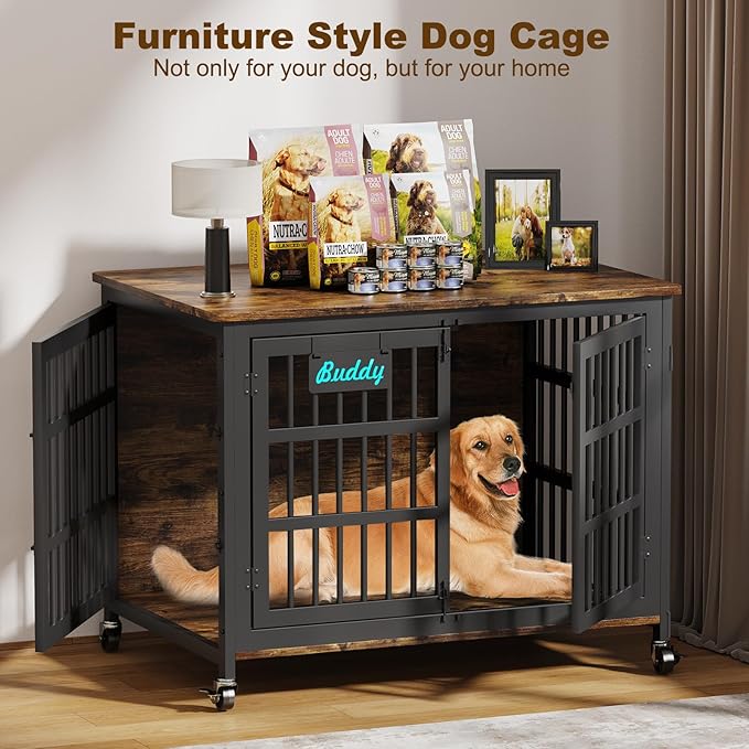 EasyCom 42"/41"/33" Dog Crate Furniture with Name Tag, XL Heavy Duty Dog Kennel Indoor for Large and Medium Dogs, Double-Doors Sturdy Dog Cage for Anxiety Dog, Decorate House as TV Stand