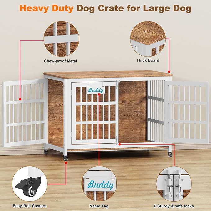 EasyCom 48"/42"/33" XXL Heavy Duty Dog Crate Furniture with Casters, Dog Kennel Indoor for Large Dogs, Escape-Proof and Chew-Proof Dog Cage for high Anxiety Dog, Decorate House as TV Stand, End Table