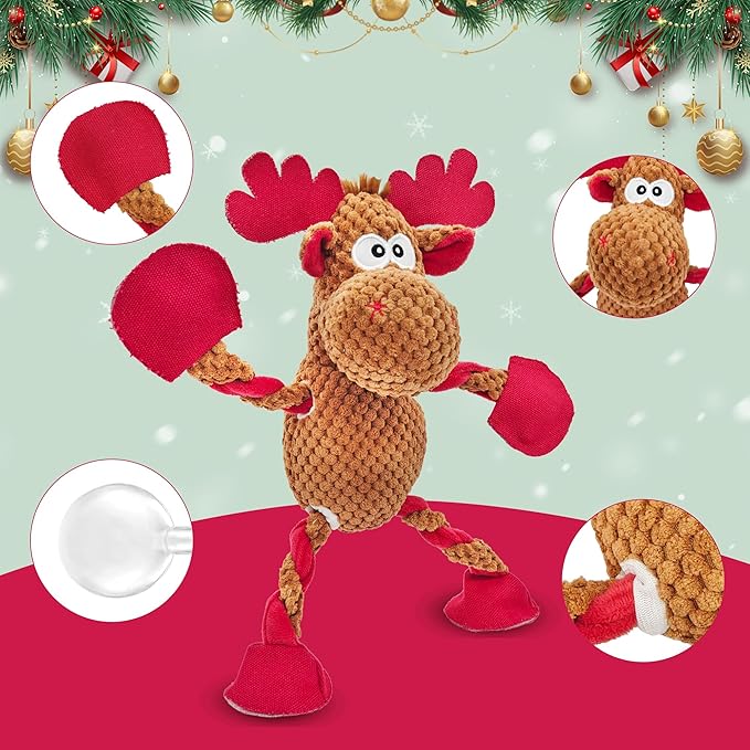 Christmas Squeaky Dog Toys, Stuffed Large Dog Toys to Keep Them Busy, Interactive Plush Chew Toys with Crinkle Paper, Tough Pet Animal Toys for Small Medium Large Dogs (Red Elk)