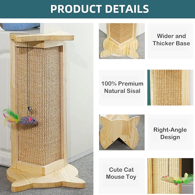 Cat Corner Scratcher, Couch Corner Cat Scratcher, Wood Corner Scratching Post for Wall, 18" Sisal Cat Scratcher for Couch Corner Indoor Cats with Mouse Toy