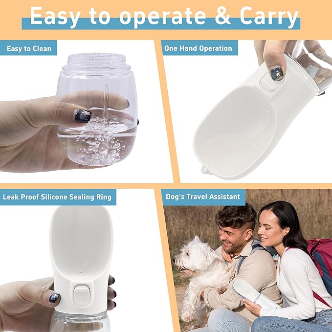 Portable Dog Water Bottle with Bowl, Leak Proof, Convenient for Walking, Hiking and Camping (White, 19oz)