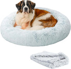 Best Friends by Sheri Bundle Set The Original Calming Shag Donut Cuddler Cat and Dog Bed + Pet Throw Blanket, Frost, Extra Large, 45x45