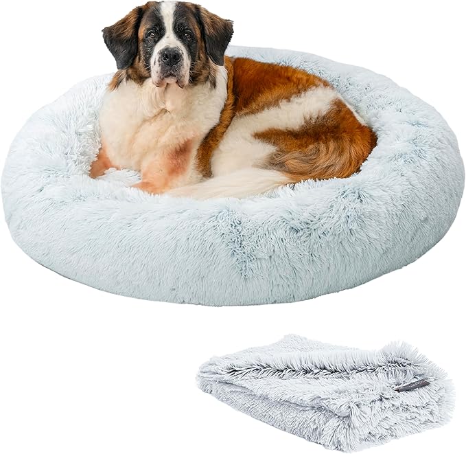 Best Friends by Sheri Bundle Set The Original Calming Shag Donut Cuddler Cat and Dog Bed + Pet Throw Blanket, Frost, Extra Large, 45x45