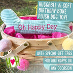 HuggleHounds Plush Dog Toy - Fuzzy Birthday Dog Toy, Plush Soft Fleece, Interactive Durable Stuffed, for Small and Large Breeds with Squeaker - Birthday Bone