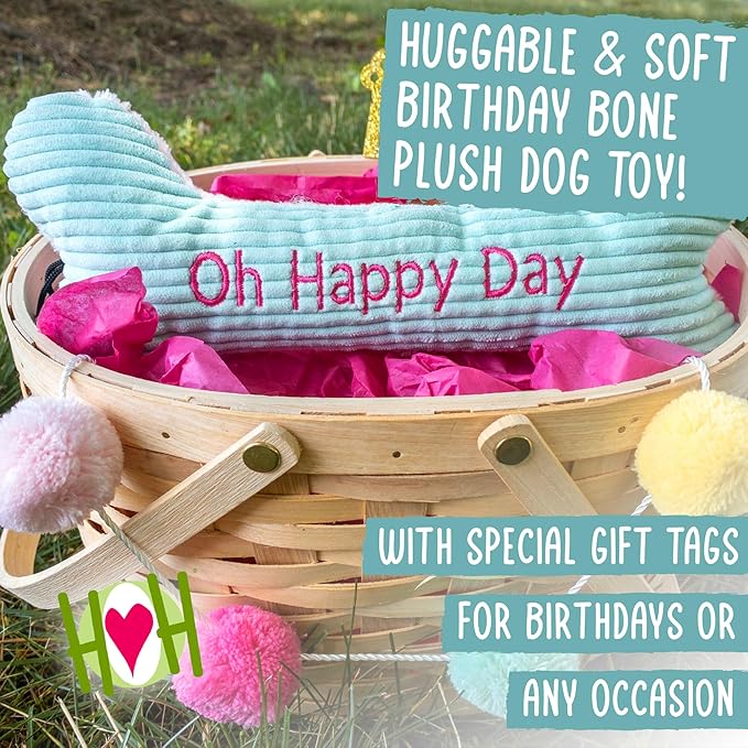 HuggleHounds Plush Dog Toy - Fuzzy Birthday Dog Toy, Plush Soft Fleece, Interactive Durable Stuffed, for Small and Large Breeds with Squeaker - Birthday Bone