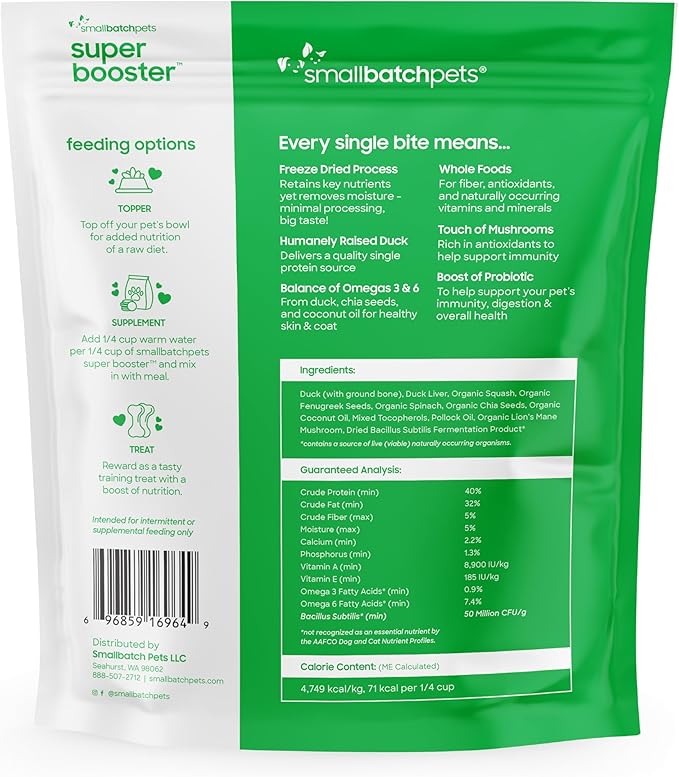 smallbatch Freeze Dried Dog Treats, Superfood Food Topper Duck Bites for Dogs & Cats, Probiotics, Organic Ingredients, High Protein, Grain Free Healthy Treat or Food Topper, Made in The USA, 7 oz Bag