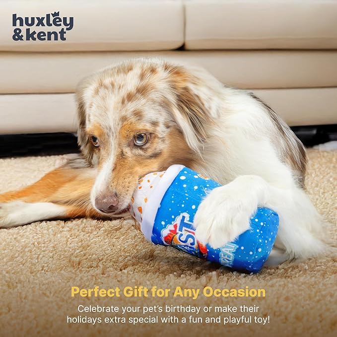 Huxley & Kent Funny Dog Toy w/Squeaker – Power Plush Squeaky Dog Toys for Small, Medium & Large Dogs – Soft Stuffed Animal for Indoor Play & Fetch - Arctic Blast Treat, Small