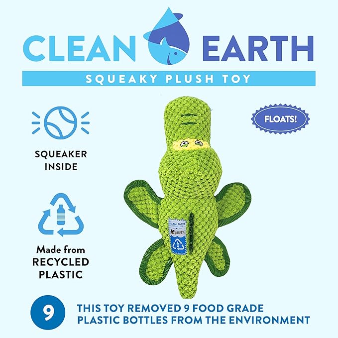 Spunky pup Clean Earth Plush Dog Toy with Squeaker - Recycled, Eco-Friendly, Floats for Beach, Lake, Pool - Gator