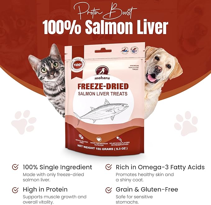 Freeze-Dried Salmon Liver Treats for Dogs & Cats, High Protein, Grain-Free, Single Ingredient, Healthy Training Snacks, Freeze Dried Salmon Dog & Salmon Cat Treats, 150g (5.3oz)