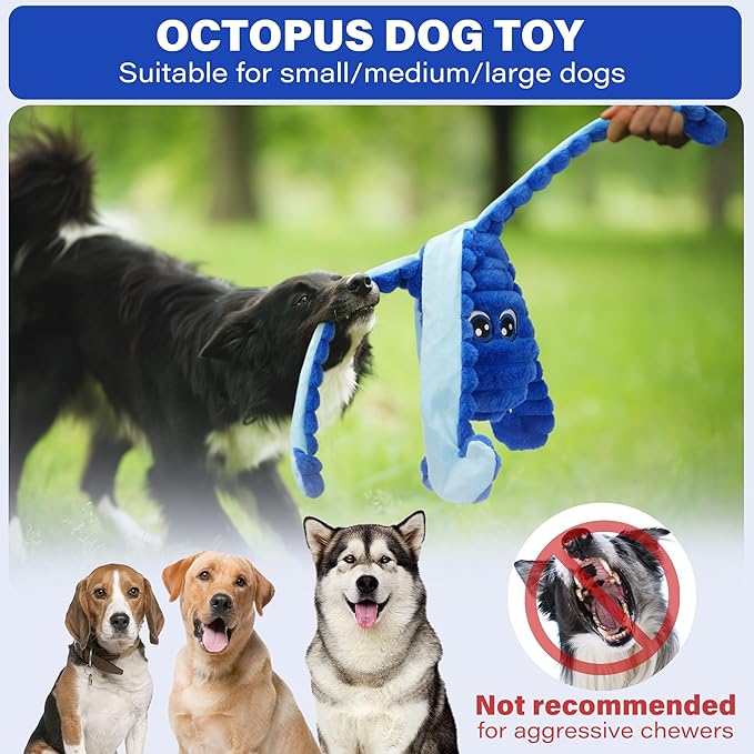 Prime Pets Squeaky Dog Toys for Large Dogs, 27” Extra Large Octopus Dog Toy to Keep Them Busy, Interactive Plush Chew Toy for Small Medium Large Dogs, Tug of War Pet Toys, Blue