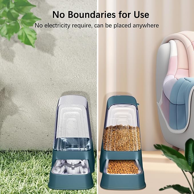 Automatic Dog and Cat Food Feeder and Water Dispenser Set with Stainless Steel Bowls,Gravity Pet Food and Water Feeders,100% BPA-Free,Large Capacity for Cats Dogs Pets