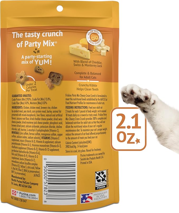 Purina Friskies Cat Treats, Party Mix Cheezy Craze Crunch - (Pack of 10) 2.1 oz. Pouches