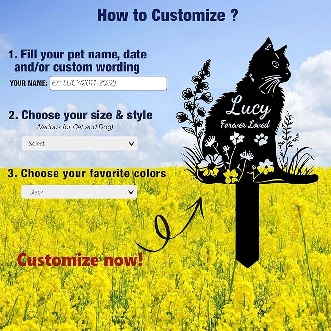Custom Cat Memorial Grave Marker Stake Personalized Cat Memorial Garden Stake Pet Loss Sympathy Gift Outdoor Memorial Engraved Sign Cat Headstones Metal Sign Pet Plaque Yard Stake