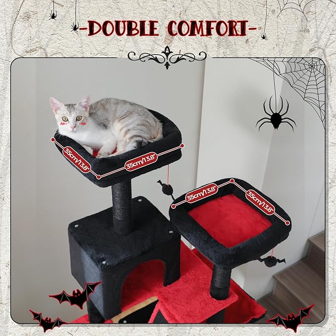 PAWZ Road 70 Inch Cat Tower, Gothic Cat Tree with 2 Cozy Condos, 2 Plush Perch, Large Basket, 2 Scraching Pad & 6 Scraching Posts for Indoor Cats Large Adult