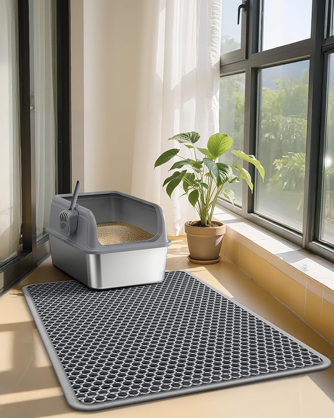 27" x 19" Cat Litter Mat - Ultra-Large Litter Box Mat with Double Layers, Urine-Proof and Non-Slip Litter Trapping Mat, Easy to Clean Kitty Litter Mats for Floor, Scatter Control, Grey