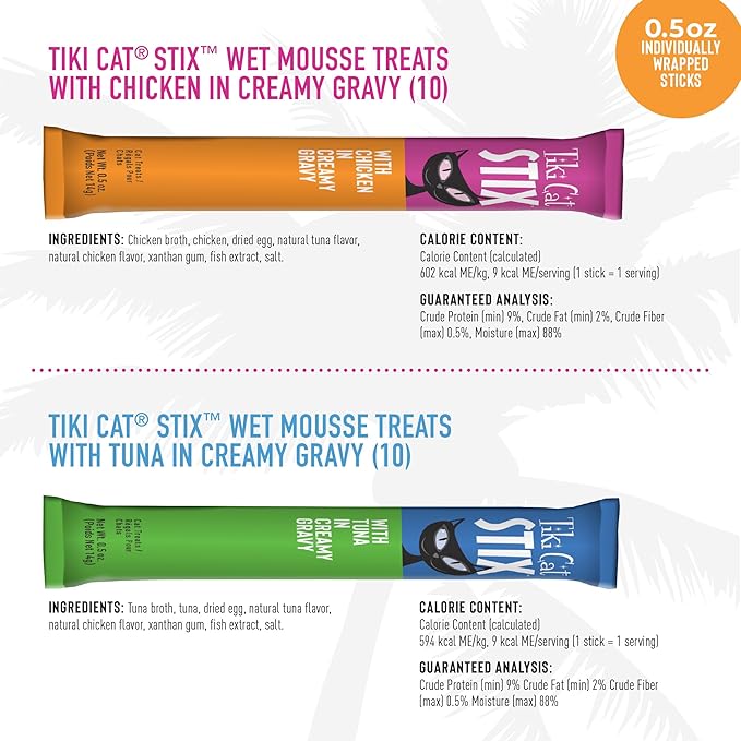 Tiki Cat Stix Mousse Treats, Single Serve Indulgent Lickable Treat or Dry Food Topper, Variety Pack, 0.5 oz. Servings (20 Count)