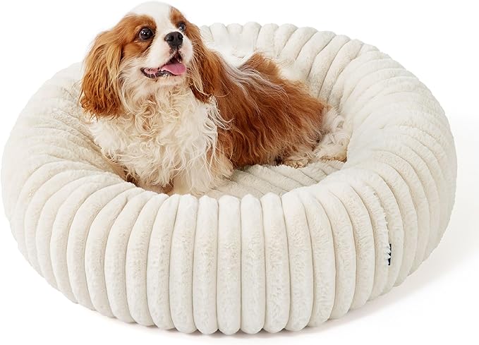 Bedsure Donut Medium Dog Bed - Washable Faux Fur Dog Bed Medium Size Dog with Corduroy Fleece & Anti Slip Bottom, Round Pet Beds with Removable Cover, Cream, 30x30x8 inches