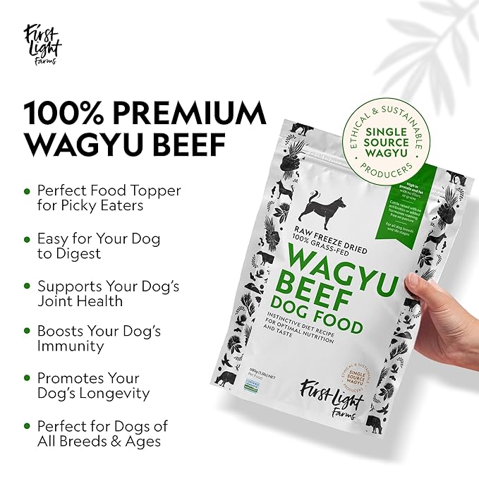 First Light Farms Freeze-Dried Dog Food Topper for Picky Eaters | High Protein Treat | Grain-Free Formula for All Breeds & Life Stages | Premium Wagyu Beef & Certified Humane | 1.5lb Bag