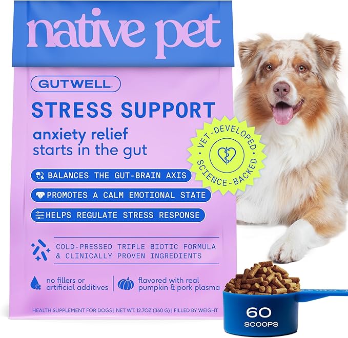 GutWell Stress Support - Dog Anxiety Relief & Calming Treats - Tasty Food Topper for Dog Stress and Anxiety Relief - Support Gut-Brain Axis with Triple-biotic Blend & Magnesium - 60 Scoops