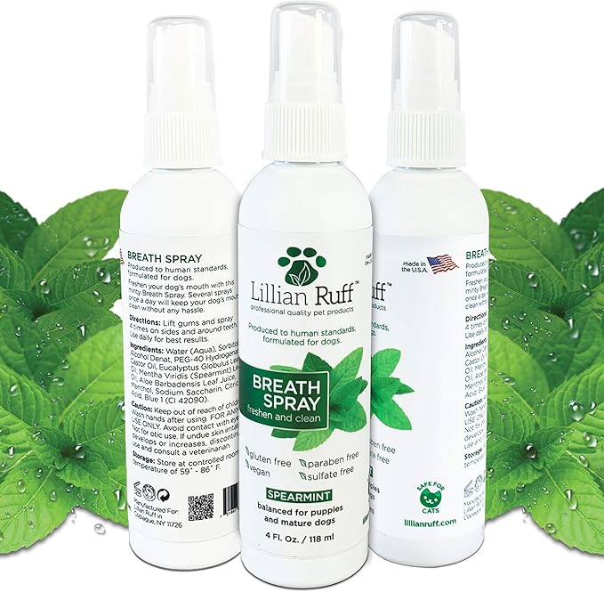 Lillian Ruff Dog Breath Freshener Dental Care Spray - Dog Oral Health Teeth Cleaning Formula Targets Bad Dog Breath, Plaque & Tartar Build-Up, Supports Oral Care, Gum Health & Immune System (4oz)