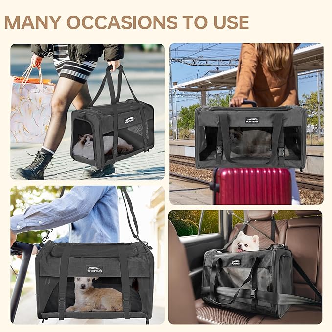 Pet Carrier for Large Cats 25 lbs, Mesh Pets Travel Carriers for Puppy Two Small Cats Rabbits with Shoulder Strap & Removable Mat, Portable Collapsible Puppy Crate Indoor and Outdoor, Black