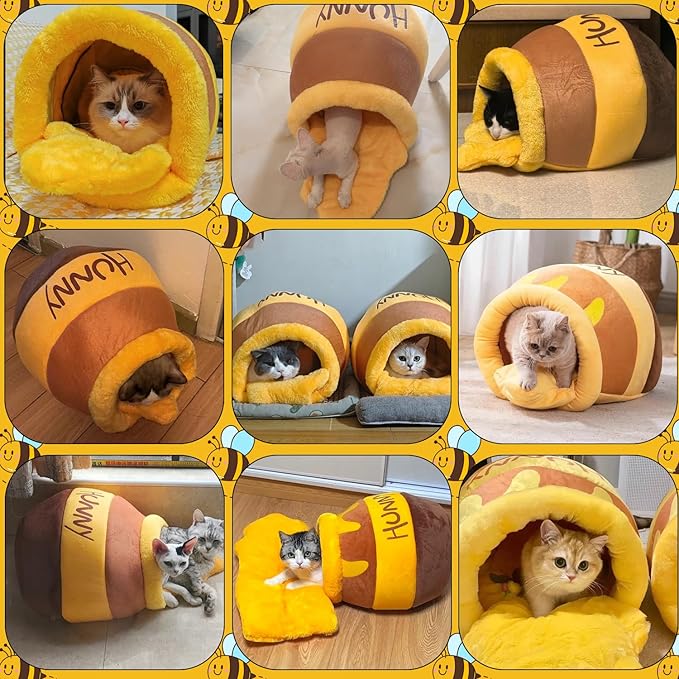 Honey Pot Cat Cave Bed, Soft and Thick Rebound Sponge Pet Nest with Removable & Washable Cushion, Cute Cartoon Design for Small Cats and Breeds