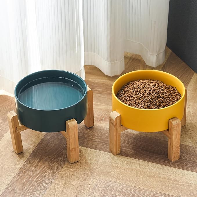 6'' Ceramic Raised Dog Bowl - 30Oz Dog Food & Water Bowl with Elevated Non-Slip Bamboo Stand, Dishwasher & Microwave Safe, Anti Vomiting Heavy Duty Pet Bowl for Small and Medium Dogs, Green