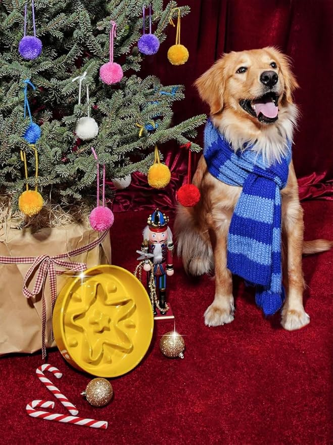 LE TAUCI Ceramic Slow Feeder Dog Bowls Elevated, 0.6 Cups Raised Dog Bowl with Wooden Stand for Small Breed, Pet Dishes to Slow Down Eating, Puzzle Cat Food Bowl, Star Yellow