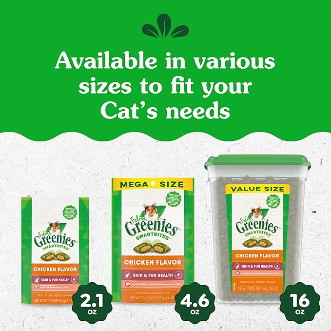 Greenies Feline Smartbites Skin & Fur Health Crunchy and Soft Cat Treats, Chicken Flavor, 2.1 oz. Pack