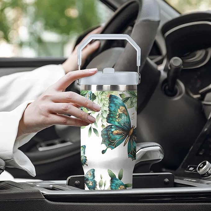 30 Oz Butterfly Tumbler with Handle and Straw, Butterfly Tumbler with Lid and Straw, Double Wall Stainless Steel Butterfly Cup, 30 Oz Butterfly Water Bottle and Butterfly Mugs for Women Gifts