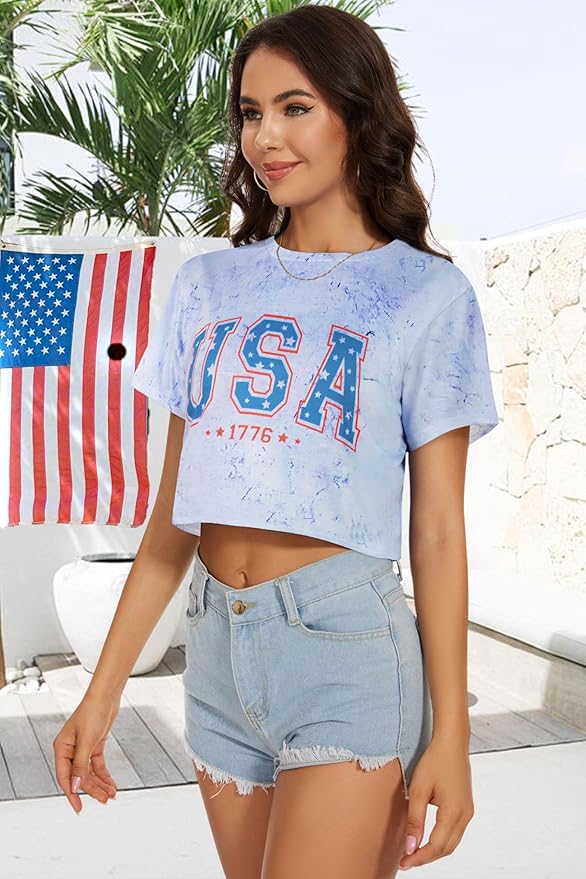 Womens Summer Crop Tops Short Sleeve Round Neck T-Shirts Loose Fit Casual Blouse