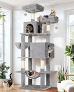 Globlazer Cat Tree Tower, 76-Inch Extra Tall Multi-Level Cat Furniture with Cozy Condos, Hammock and Perches for Adult Cats, Perfect for Climbing, Scratching, and Play, F76, Light Grey