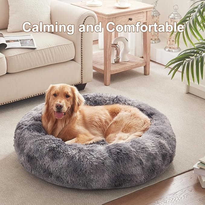 36 inches Donut Dog Bed for Large Dogs - Calming Fluffy Round Pet Bed with Removable & Washable Cover,Fits up to 100 lbs Pets (Tie-dye Grey,Large)