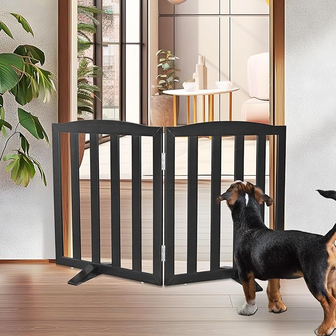 ZJSF Foldable Freestanding Indoor Dog Gate for House Wood Long Pet Gates Dog Fence for Stairs Puppy Gates for Hallways, Puppy Gate,Support Feet Included, Black, 24 "Height-2 Panels