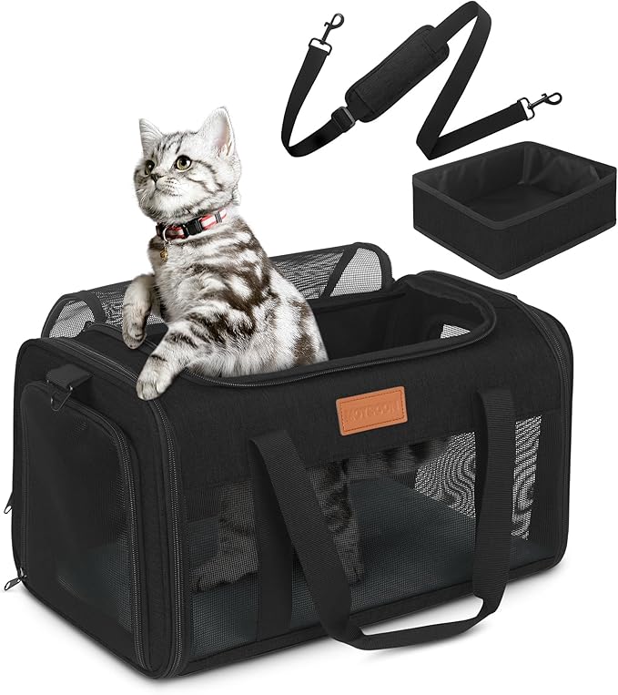 PETUX Pet Carrier Airline Approved, 17"x11"x9.5" Cat Carrier Soft with Anti-Scratch Mesh for Small Cats up to 12 lb, Top Open Portable Dog Carriers with Little Box for Puppy up to 10 lb (Black)