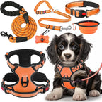 No Pull Dog Harness, Collar & Leash Set | Includes Dog Seat Belt, Collapsible Bowls & Poop Bag Dispenser. Ideal for Training, Walking, Hiking. Fits Small to Large Dogs(Orange-S)