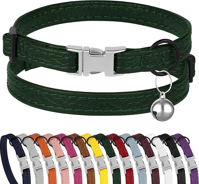 Leather Cat Collar with Buckle and Removable Bell - Non Breakaway Adjustable Soft Safety Small Pet Collars for Girl Boy Cats Kitten (Green)
