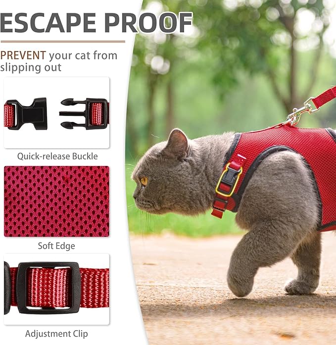 PUPTECK Soft Mesh Cat Vest Harness and Leash Set Puppy Padded Pet Harnesses Escape Proof for Cats Small Dogs, Red Large