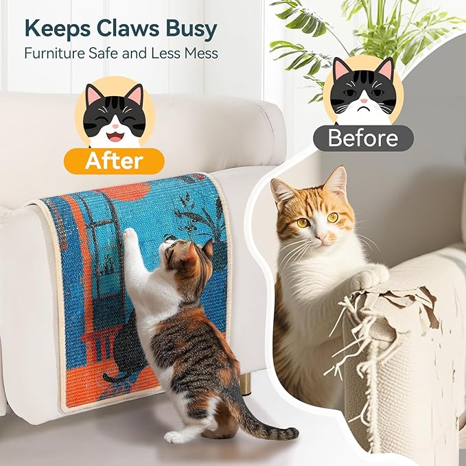 3-in-1 Sisal Cat Scratcher Mat 23.6x15.7'' – Floor & Wall Use with Sticker Tape, Protects Furniture, Couch & Carpet, Anti-Slip, Pet-Safe, Durable Scratch Rug Mat or Indoor/Outdoor Cats, Blue Silence