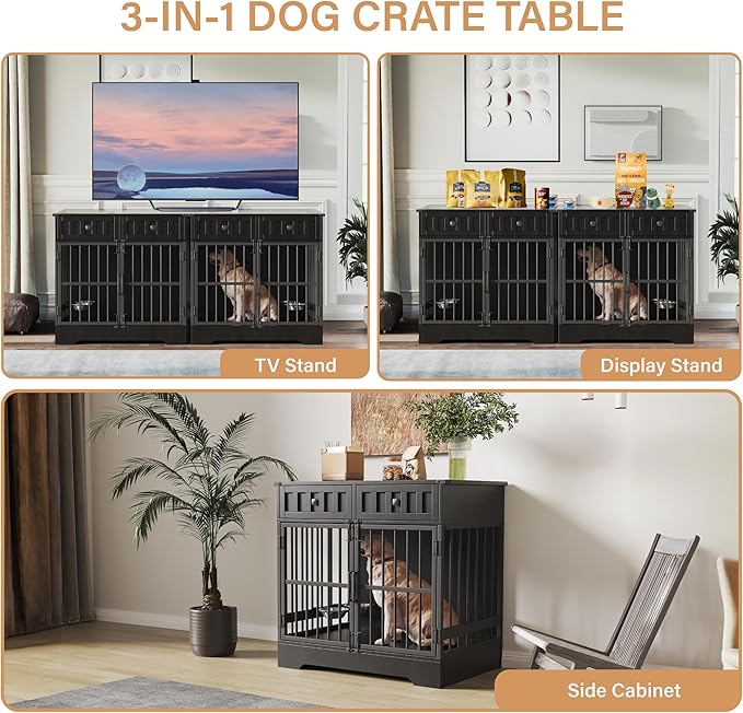 Dog Crate Furniture with 2 Drawers, 35.1" Indoor Wooden Animal Kennel with Detachable & Adjustable Feeder 2 Bowls, Large Medium Small Dog Cage End Table (Advanced Black)