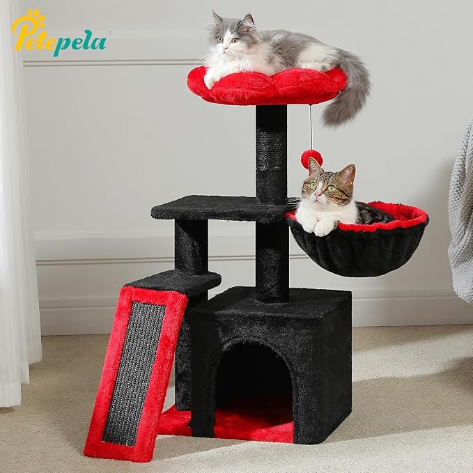 PETEPELA Gothic Cat Tree for Indoor Cats, 31.5'' Small Flower Cat Tower Condo with Sisal Scratching Ramp, Cozy Hammock and Removable Flower Cat Bed Perch for Kittens, Black