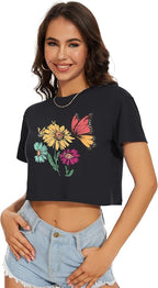 Womens Summer Crop Tops Short Sleeve Round Neck T-Shirts Loose Fit Casual Blouse